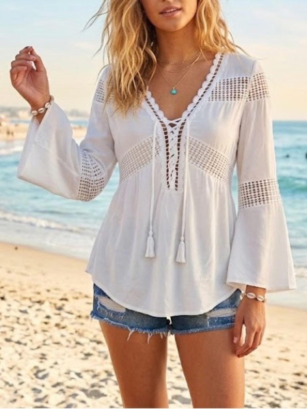 Strut & Bolt White Lace-Up Boho Blouse with Bell Sleeves - Medium